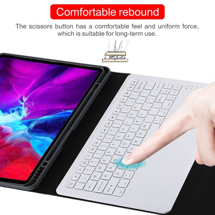 T129 เคสแท็บเล็ตหนังไมโครไฟเบอร์คีย์บอร์ด Bluetooth สีขาวที่ถอดออกได้สำหรับ iPad Pro 12.9 นิ้ว (2020) พร้อมตัวยึด, White Keyboard