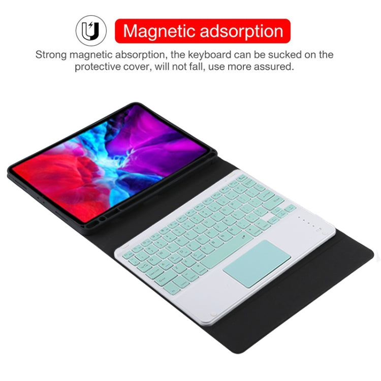 TG11BC เคสแท็บเล็ตหนังไมโครไฟเบอร์สำหรับคีย์บอร์ด Bluetooth สีเขียวที่ถอดออกได้สำหรับ iPad Pro 11 นิ้ว (2020) พร้อมทัชแพดและช่องเสียบปากกาและที่วาง, Green Keyboard