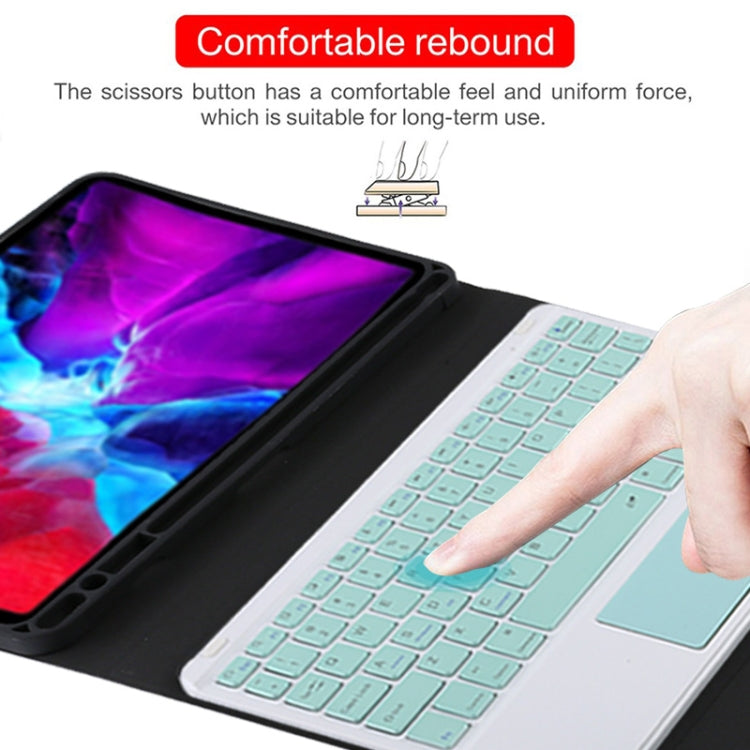 TG11BC เคสแท็บเล็ตหนังไมโครไฟเบอร์สำหรับคีย์บอร์ด Bluetooth สีเขียวที่ถอดออกได้สำหรับ iPad Pro 11 นิ้ว (2020) พร้อมทัชแพดและช่องเสียบปากกาและที่วาง, Green Keyboard