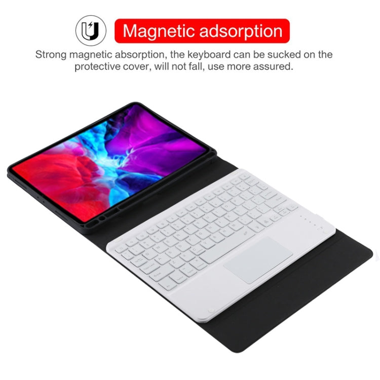 TG11BCS เคสแท็บเล็ตหนังไมโครไฟเบอร์คีย์บอร์ด Bluetooth สีขาวแบบถอดได้สำหรับ iPad Pro 11 นิ้ว (2020) พร้อมไฟแบ็คไลท์และทัชแพดและช่องเสียบปากกาและที่วาง, White Keyboard