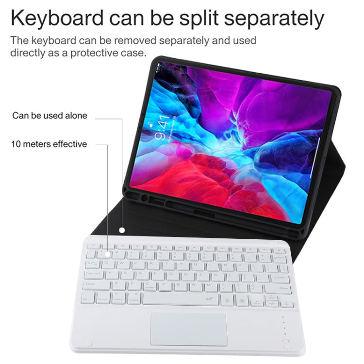TG11BCS เคสแท็บเล็ตหนังไมโครไฟเบอร์คีย์บอร์ด Bluetooth สีขาวแบบถอดได้สำหรับ iPad Pro 11 นิ้ว (2020) พร้อมไฟแบ็คไลท์และทัชแพดและช่องเสียบปากกาและที่วาง, White Keyboard
