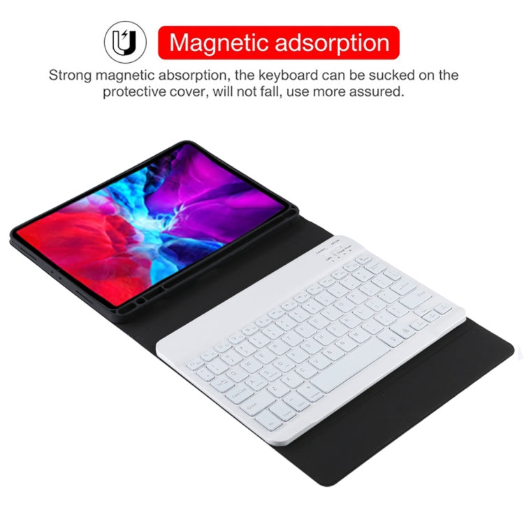 TG11BS เคสแท็บเล็ตหนังไมโครไฟเบอร์คีย์บอร์ด Bluetooth สีขาวที่ถอดออกได้สำหรับ iPad Pro 11 นิ้ว (2020) พร้อมแสงไฟและช่องเสียบปากกาและที่วาง, White Keyboard