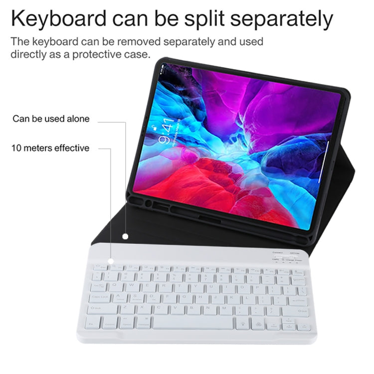 TG11BS เคสแท็บเล็ตหนังไมโครไฟเบอร์คีย์บอร์ด Bluetooth สีขาวที่ถอดออกได้สำหรับ iPad Pro 11 นิ้ว (2020) พร้อมแสงไฟและช่องเสียบปากกาและที่วาง, White Keyboard
