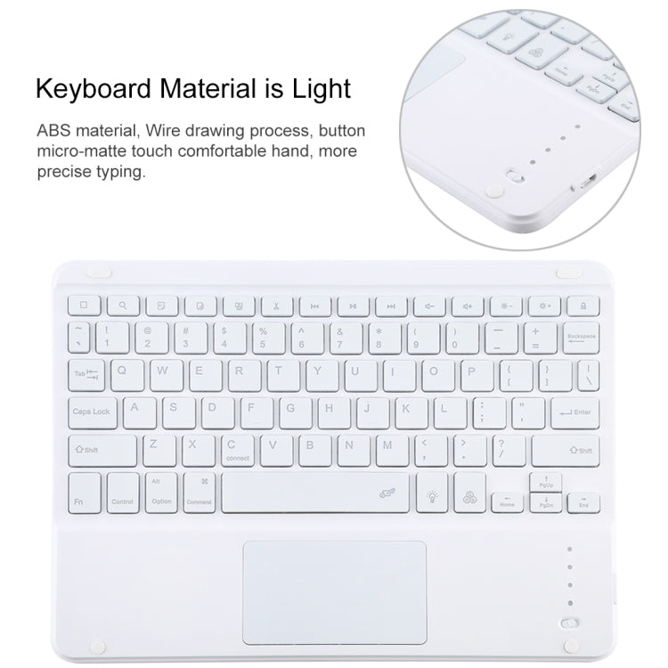 TG-102BCS แป้นพิมพ์สีขาว Bluetooth ที่ถอดออกได้ + เคสแท็บเล็ตหนังไมโครไฟเบอร์สำหรับ iPad 10.2 นิ้ว / iPad Air (2019) พร้อมทัชแพดและแบ็คไลท์และช่องเสียบปากกาและที่วาง, White Keyboard