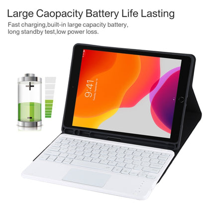 TG-102BCS แป้นพิมพ์สีขาว Bluetooth ที่ถอดออกได้ + เคสแท็บเล็ตหนังไมโครไฟเบอร์สำหรับ iPad 10.2 นิ้ว / iPad Air (2019) พร้อมทัชแพดและแบ็คไลท์และช่องเสียบปากกาและที่วาง, White Keyboard