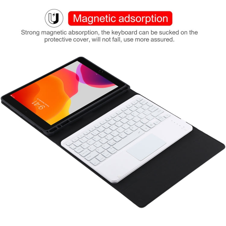 TG-102BCS แป้นพิมพ์สีขาว Bluetooth ที่ถอดออกได้ + เคสแท็บเล็ตหนังไมโครไฟเบอร์สำหรับ iPad 10.2 นิ้ว / iPad Air (2019) พร้อมทัชแพดและแบ็คไลท์และช่องเสียบปากกาและที่วาง, White Keyboard