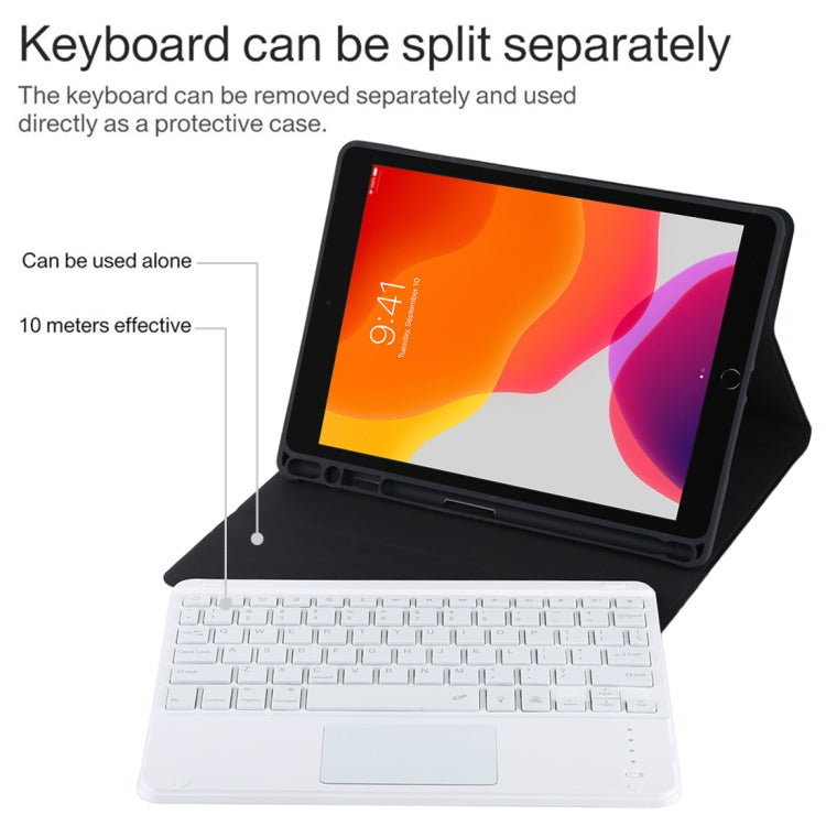 TG-102BCS แป้นพิมพ์สีขาว Bluetooth ที่ถอดออกได้ + เคสแท็บเล็ตหนังไมโครไฟเบอร์สำหรับ iPad 10.2 นิ้ว / iPad Air (2019) พร้อมทัชแพดและแบ็คไลท์และช่องเสียบปากกาและที่วาง, White Keyboard