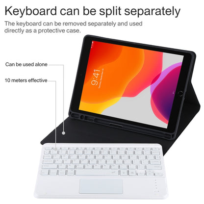 TG-102BCS แป้นพิมพ์สีขาว Bluetooth ที่ถอดออกได้ + เคสแท็บเล็ตหนังไมโครไฟเบอร์สำหรับ iPad 10.2 นิ้ว / iPad Air (2019) พร้อมทัชแพดและแบ็คไลท์และช่องเสียบปากกาและที่วาง, White Keyboard
