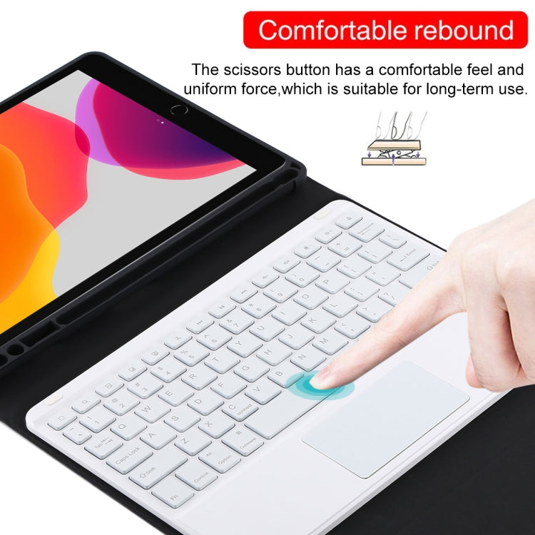 TG-102BCS แป้นพิมพ์สีขาว Bluetooth ที่ถอดออกได้ + เคสแท็บเล็ตหนังไมโครไฟเบอร์สำหรับ iPad 10.2 นิ้ว / iPad Air (2019) พร้อมทัชแพดและแบ็คไลท์และช่องเสียบปากกาและที่วาง, White Keyboard
