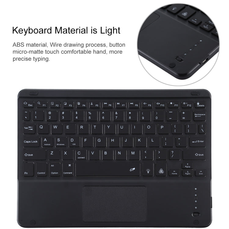 TG-102BCS แป้นพิมพ์ Bluetooth สีดำแบบถอดได้ + เคสแท็บเล็ตหนังไมโครไฟเบอร์สำหรับ iPad 10.2 นิ้ว / iPad Air (2019) พร้อมทัชแพดและแบ็คไลท์และช่องเสียบปากกาและที่วาง, Black Keyboard