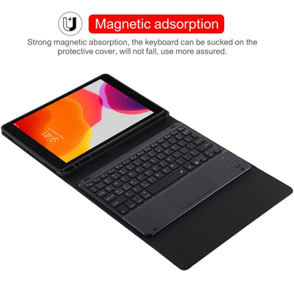 TG-102BCS แป้นพิมพ์ Bluetooth สีดำแบบถอดได้ + เคสแท็บเล็ตหนังไมโครไฟเบอร์สำหรับ iPad 10.2 นิ้ว / iPad Air (2019) พร้อมทัชแพดและแบ็คไลท์และช่องเสียบปากกาและที่วาง, Black Keyboard