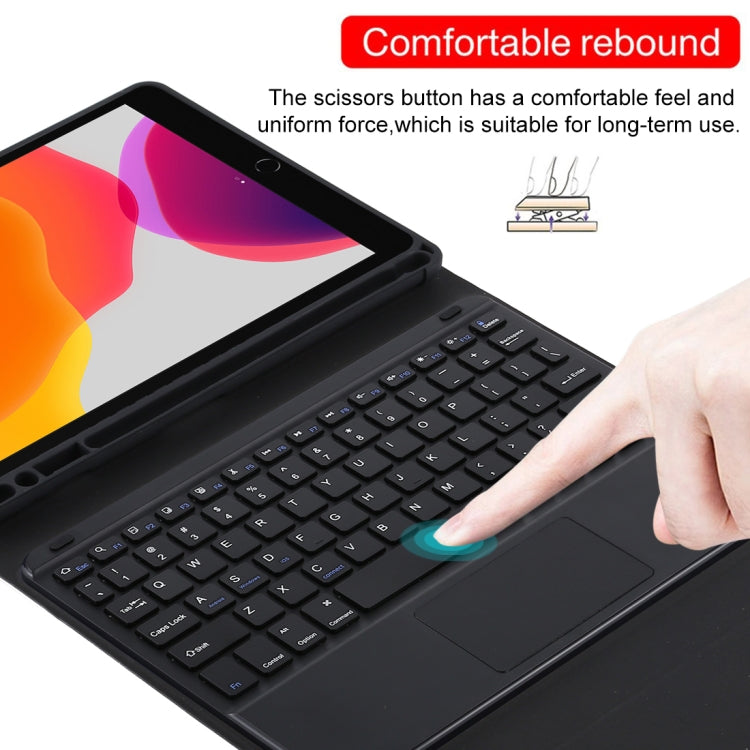 TG-102BC แป้นพิมพ์ Bluetooth สีดำแบบถอดได้ + เคสแท็บเล็ตหนังไมโครไฟเบอร์สำหรับ iPad 10.2 นิ้ว / iPad Air (2019) พร้อมทัชแพดและช่องเสียบปากกาและที่วาง, TG-102BC