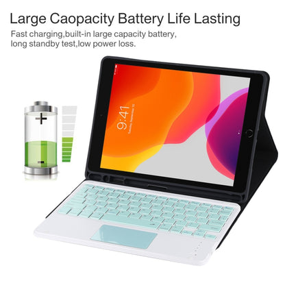 TG-102BC แป้นพิมพ์ Bluetooth สีเขียวที่ถอดออกได้ + เคสแท็บเล็ตหนังไมโครไฟเบอร์สำหรับ iPad 10.2 นิ้ว / iPad Air (2019) พร้อมทัชแพดและช่องเสียบปากกาและที่วาง, Green Keyboard