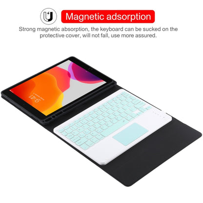 TG-102BC แป้นพิมพ์ Bluetooth สีเขียวที่ถอดออกได้ + เคสแท็บเล็ตหนังไมโครไฟเบอร์สำหรับ iPad 10.2 นิ้ว / iPad Air (2019) พร้อมทัชแพดและช่องเสียบปากกาและที่วาง, Green Keyboard