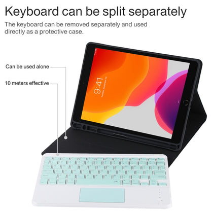 TG-102BC แป้นพิมพ์ Bluetooth สีเขียวที่ถอดออกได้ + เคสแท็บเล็ตหนังไมโครไฟเบอร์สำหรับ iPad 10.2 นิ้ว / iPad Air (2019) พร้อมทัชแพดและช่องเสียบปากกาและที่วาง, Green Keyboard