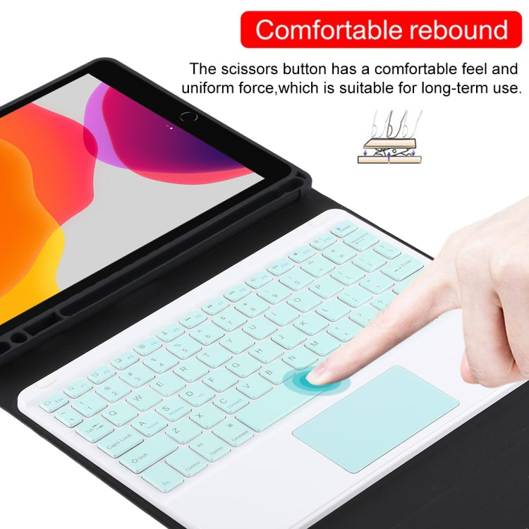 TG-102BC แป้นพิมพ์ Bluetooth สีเขียวที่ถอดออกได้ + เคสแท็บเล็ตหนังไมโครไฟเบอร์สำหรับ iPad 10.2 นิ้ว / iPad Air (2019) พร้อมทัชแพดและช่องเสียบปากกาและที่วาง, Green Keyboard