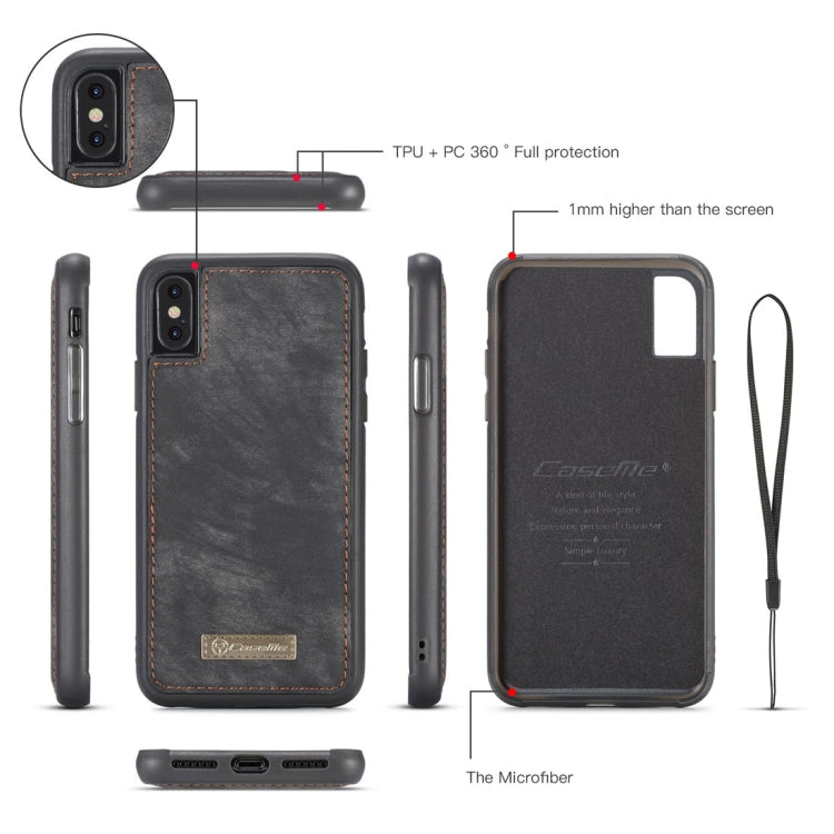 สำหรับ iPhone X / XS CaseMe-008 TPU + PC การดูดซับแม่เหล็กที่ถอดออกได้ปกหลังซองหนังพลิกแนวนอนพร้อมตัวยึดและช่องเสียบการ์ดและกระเป๋าสตางค์ซิปและกรอบรูป