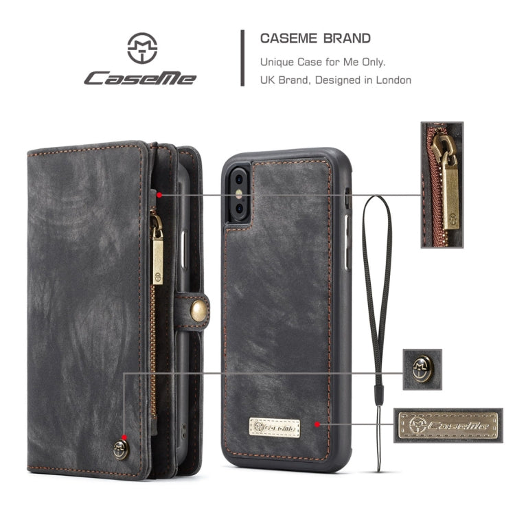 สำหรับ iPhone X / XS CaseMe-008 TPU + PC การดูดซับแม่เหล็กที่ถอดออกได้ปกหลังซองหนังพลิกแนวนอนพร้อมตัวยึดและช่องเสียบการ์ดและกระเป๋าสตางค์ซิปและกรอบรูป