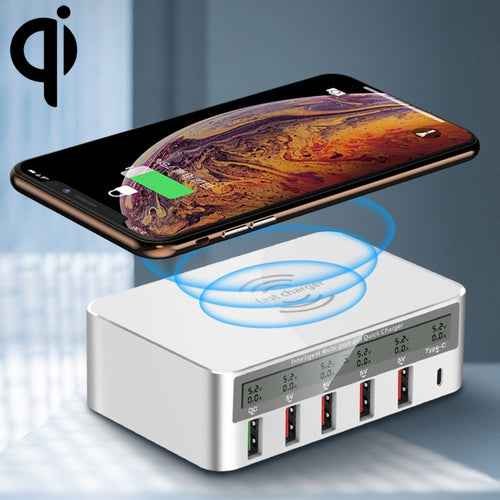WLX818F 6 in 1 10W QC3.0 การชาร์จแบบไร้สาย USB-C / Type-C + 4 พอร์ต USB ที่ชาร์จพร้อมหน้าจอแสดงผล LCD อัจฉริยะ, ปลั๊ก EU / AU, EU / AU Plug (White)