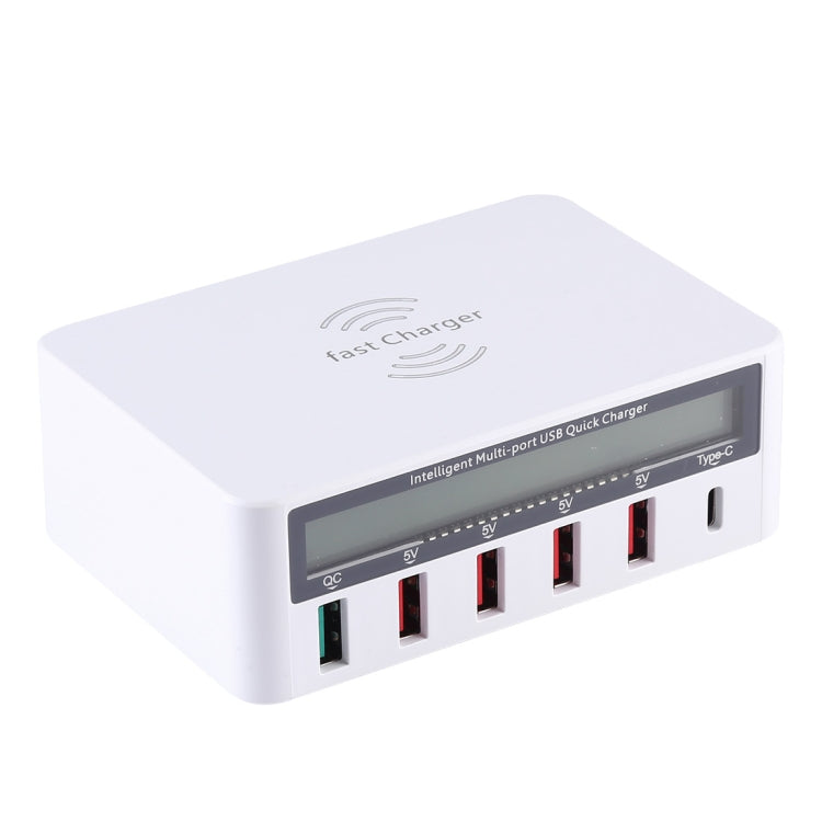WLX818F 6 in 1 10W QC3.0 การชาร์จแบบไร้สาย USB-C / Type-C + 4 พอร์ต USB ที่ชาร์จพร้อมหน้าจอแสดงผล LCD อัจฉริยะ, ปลั๊ก EU / AU, EU / AU Plug (White)