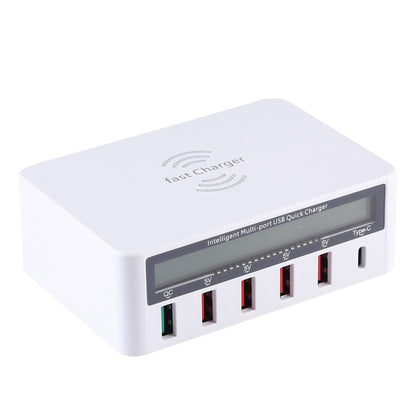 WLX818F 6 in 1 10W QC3.0 การชาร์จแบบไร้สาย USB-C / Type-C + 4 พอร์ต USB ที่ชาร์จพร้อมหน้าจอแสดงผล LCD อัจฉริยะ, ปลั๊ก EU / AU, EU / AU Plug (White)