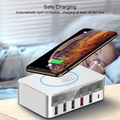 WLX818F 6 in 1 10W QC3.0 การชาร์จแบบไร้สาย USB-C / Type-C + 4 พอร์ต USB ที่ชาร์จพร้อมหน้าจอแสดงผล LCD อัจฉริยะ, ปลั๊ก EU / AU, EU / AU Plug (White)