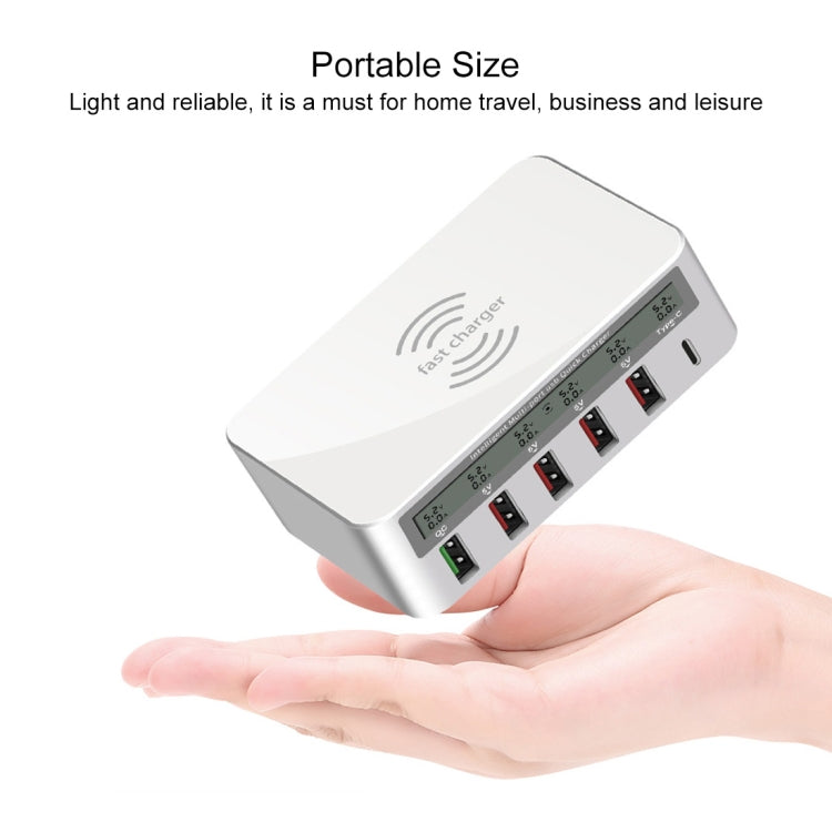 WLX818F 6 in 1 10W QC3.0 การชาร์จแบบไร้สาย USB-C / Type-C + 4 พอร์ต USB ที่ชาร์จพร้อมหน้าจอแสดงผล LCD อัจฉริยะ, ปลั๊ก EU / AU, EU / AU Plug (White)