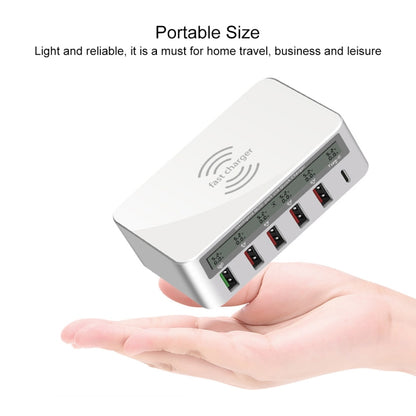 WLX818F 6 in 1 10W QC3.0 การชาร์จแบบไร้สาย USB-C / Type-C + 4 พอร์ต USB ที่ชาร์จพร้อมหน้าจอแสดงผล LCD อัจฉริยะ, ปลั๊ก EU / AU, EU / AU Plug (White)