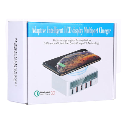 WLX818F 6 in 1 10W QC3.0 การชาร์จแบบไร้สาย USB-C / Type-C + 4 พอร์ต USB ที่ชาร์จพร้อมหน้าจอแสดงผล LCD อัจฉริยะ, ปลั๊ก EU / AU, EU / AU Plug (White)