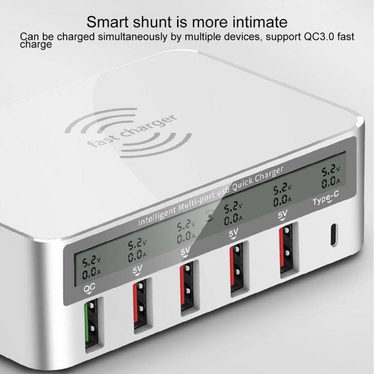 WLX818F 6 in 1 10W QC3.0 การชาร์จแบบไร้สาย USB-C / Type-C + 4 พอร์ต USB ที่ชาร์จพร้อมหน้าจอแสดงผล LCD อัจฉริยะ, ปลั๊ก EU / AU, EU / AU Plug (White)