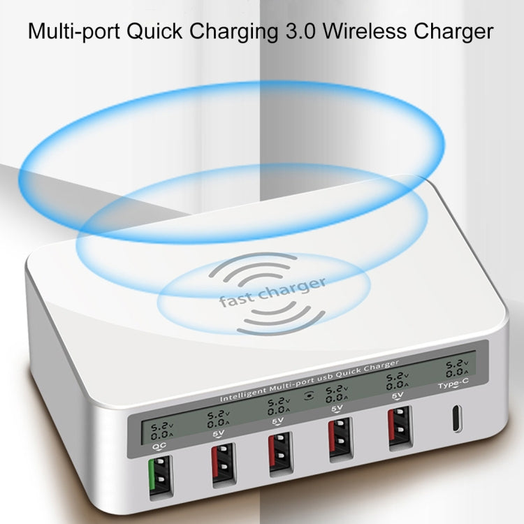 WLX818F 6 in 1 10W QC3.0 การชาร์จแบบไร้สาย USB-C / Type-C + 4 พอร์ต USB ที่ชาร์จพร้อมหน้าจอแสดงผล LCD อัจฉริยะ, ปลั๊ก EU / AU, EU / AU Plug (White)