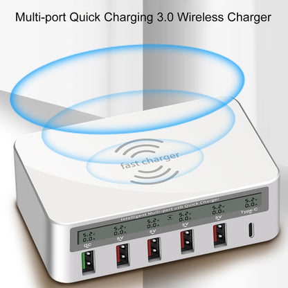 WLX818F 6 in 1 10W QC3.0 การชาร์จแบบไร้สาย USB-C / Type-C + 4 พอร์ต USB ที่ชาร์จพร้อมหน้าจอแสดงผล LCD อัจฉริยะ, ปลั๊ก EU / AU, EU / AU Plug (White)