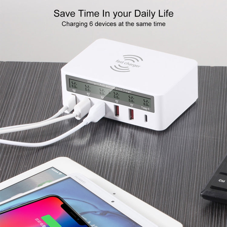 WLX818F 6 in 1 10W QC3.0 การชาร์จแบบไร้สาย USB-C / Type-C + 4 พอร์ต USB ที่ชาร์จพร้อมหน้าจอแสดงผล LCD อัจฉริยะ, ปลั๊ก EU / AU, EU / AU Plug (White)
