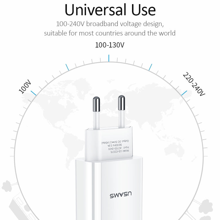 USAMS US-CC075 T18 2.1A ที่ชาร์จสำหรับเดินทาง USB เดี่ยว ปลั๊ก EU, EU Plug