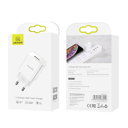USAMS US-CC075 T18 2.1A ที่ชาร์จสำหรับเดินทาง USB เดี่ยว ปลั๊ก EU, EU Plug