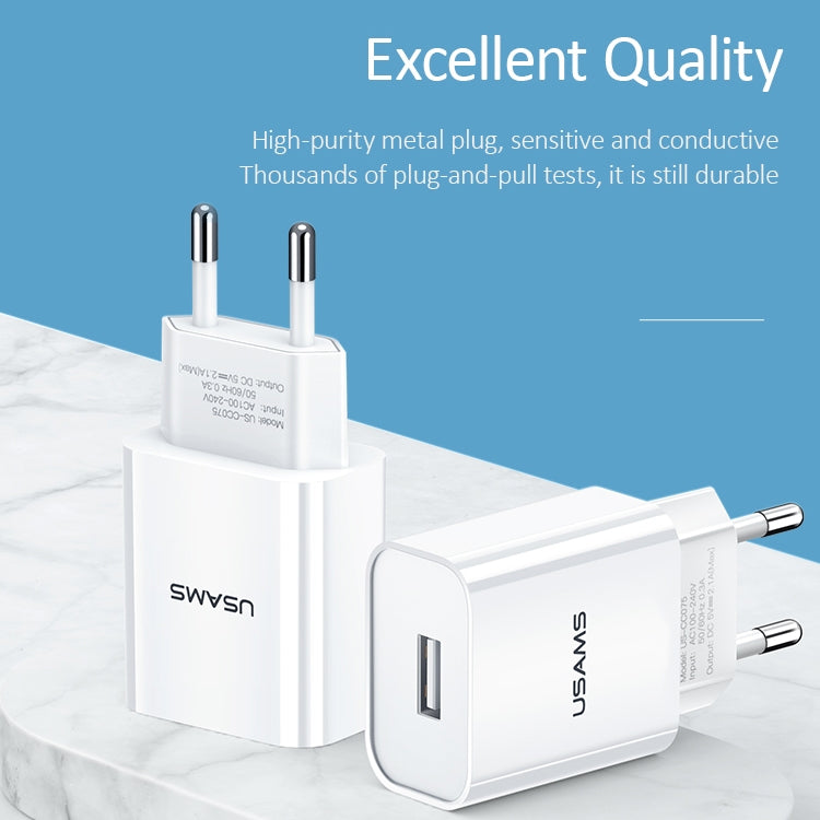 USAMS US-CC075 T18 2.1A ที่ชาร์จสำหรับเดินทาง USB เดี่ยว ปลั๊ก EU, EU Plug