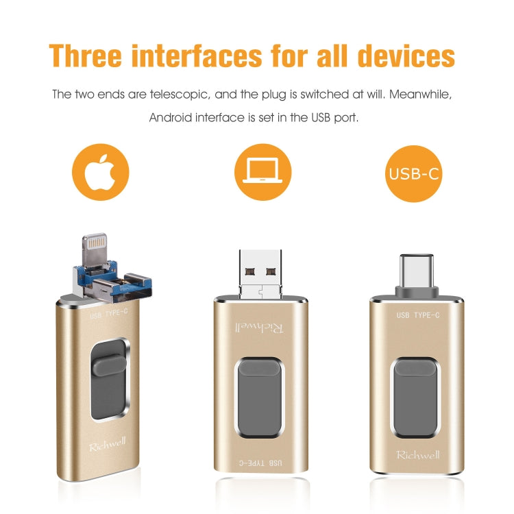 Richwell 3 in 1 32G Type-C + 8 Pin + USB 3.0 Metal Push-pull Flash Disk พร้อมฟังก์ชัน OTG