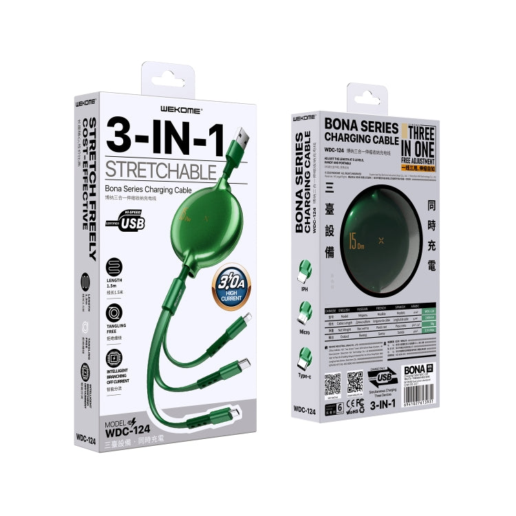 WK WDC124 3A 3 in 1 8 Pin + Type-C / USB-C + Micro USB Bona Series สายชาร์จข้อมูลแบบยืดหดได้ ความยาว: 1.5 ม.
