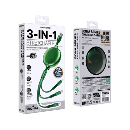 WK WDC124 3A 3 in 1 8 Pin + Type-C / USB-C + Micro USB Bona Series สายชาร์จข้อมูลแบบยืดหดได้ ความยาว: 1.5 ม.