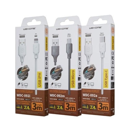 WK WDC-092 3m 2.4A เอาต์พุตสูงสุด Full Speed Pro Series USB ถึง 8 Pin Data Sync สายชาร์จ, 3m 8 Pin