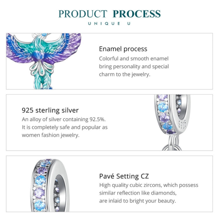 BSC880 S925 เงินสเตอร์ลิงที่มีสีสัน Gradient Phoenix จี้อุปกรณ์เสริม DIY สร้อยข้อมือลูกปัด, BSC880