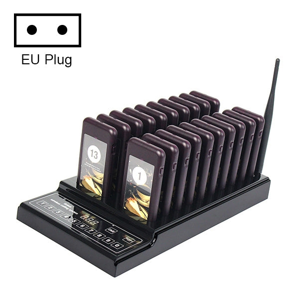 QC100 999 ช่องร้านอาหาร Wireless Paging Queuing Calling System 20 Call Coaster Pagers, EU Plug