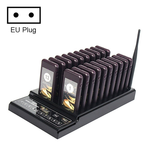 QC100 999 ช่องร้านอาหาร Wireless Paging Queuing Calling System 20 Call Coaster Pagers, EU Plug