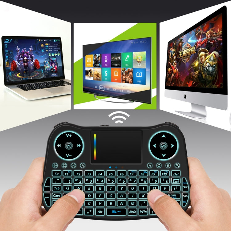 MT08 2.4GHz Mini Wireless Air Mouse คีย์บอร์ด QWERTY พร้อมแสงไฟสีสันสดใสและทัชแพดและการควบคุมมัลติมีเดียสำหรับพีซี, ทีวี, MT08