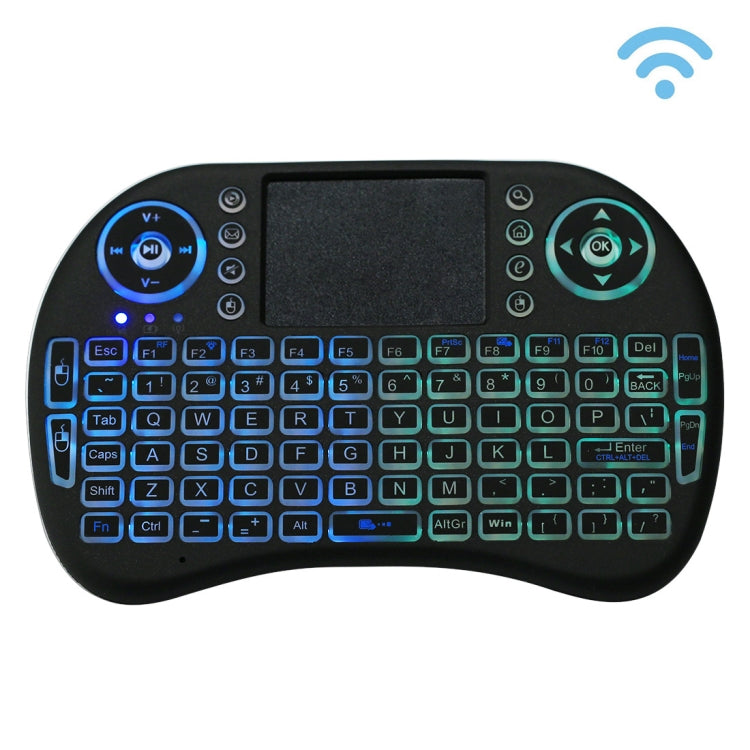 คีย์บอร์ดไร้สาย QWERTY ไร้สาย 2.4GHz Mini i8 พร้อมไฟแบ็คไลท์สีสันสดใสและทัชแพดและการควบคุมมัลติมีเดียสำหรับพีซี, Android TV BOX, เครื่องเล่น X-BOX, สมาร์ทโฟน, Change Colorful Backlight