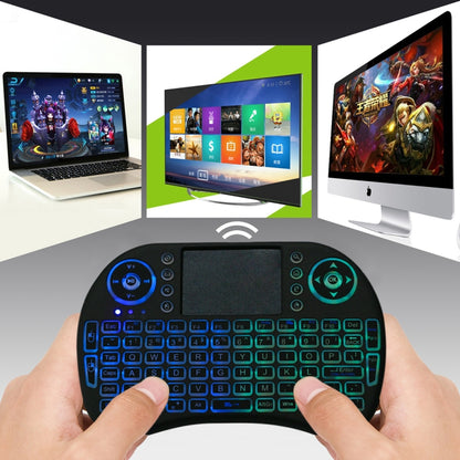 คีย์บอร์ดไร้สาย QWERTY ไร้สาย 2.4GHz Mini i8 พร้อมไฟแบ็คไลท์สีสันสดใสและทัชแพดและการควบคุมมัลติมีเดียสำหรับพีซี, Android TV BOX, เครื่องเล่น X-BOX, สมาร์ทโฟน, Change Colorful Backlight