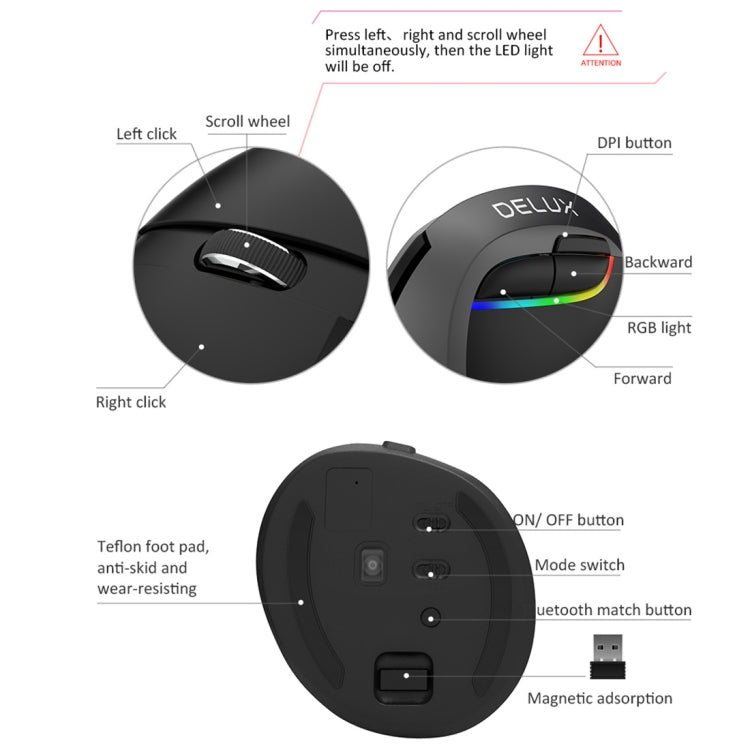 DELUX M618 มินิ 2.4G ไร้สาย 2400DPI USB ชาร์จตามหลักสรีรศาสตร์ เมาส์แนวตั้ง, M618 Grey