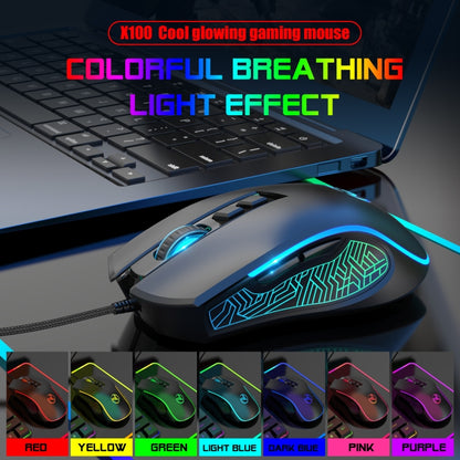 HXSJ X100 7 ปุ่ม 3600 DPI เมาส์สำหรับเล่นเกมแบบมีสายเรืองแสงสุดเท่ ความยาวสายเคเบิล: 1.5 ม.