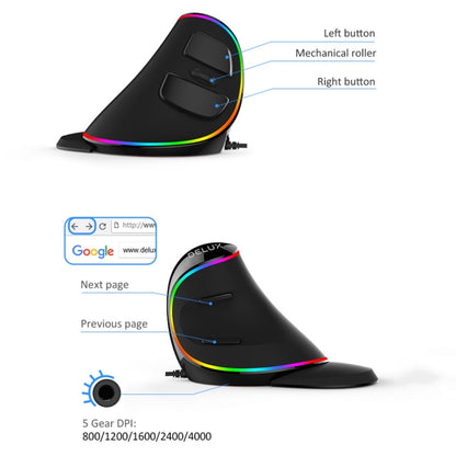 DELUX M618 Plus RGB เมาส์ออปติคัลแบบมีสายเมาส์แนวตั้งตามหลักสรีรศาสตร์ 4000DPI, 4000DPI Wired