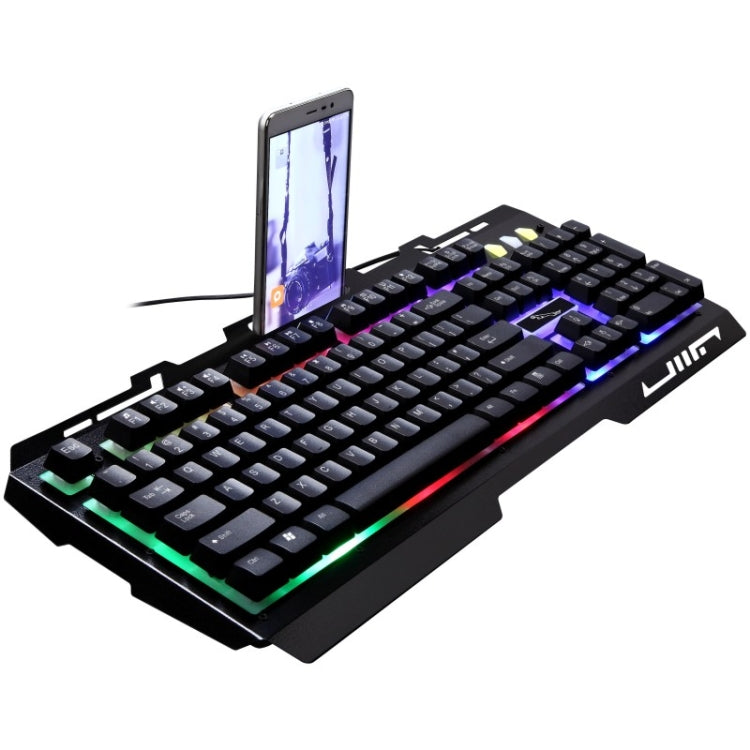 ZGB G700 104 คีย์ USB แบบมีสายกลรู้สึกเรืองแสงแผงโลหะระงับการเล่นเกม คีย์บอร์ด พร้อมที่วางโทรศัพท์